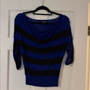 Express Women's Blue and Black Striped Sweater